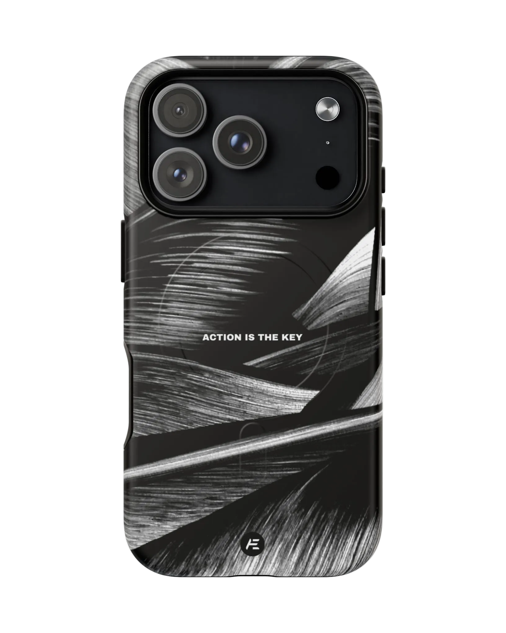 Black smartphone with a protective case, featuring a black and white abstract design and the phrase 'ACTION IS THE KEY' on the back.
