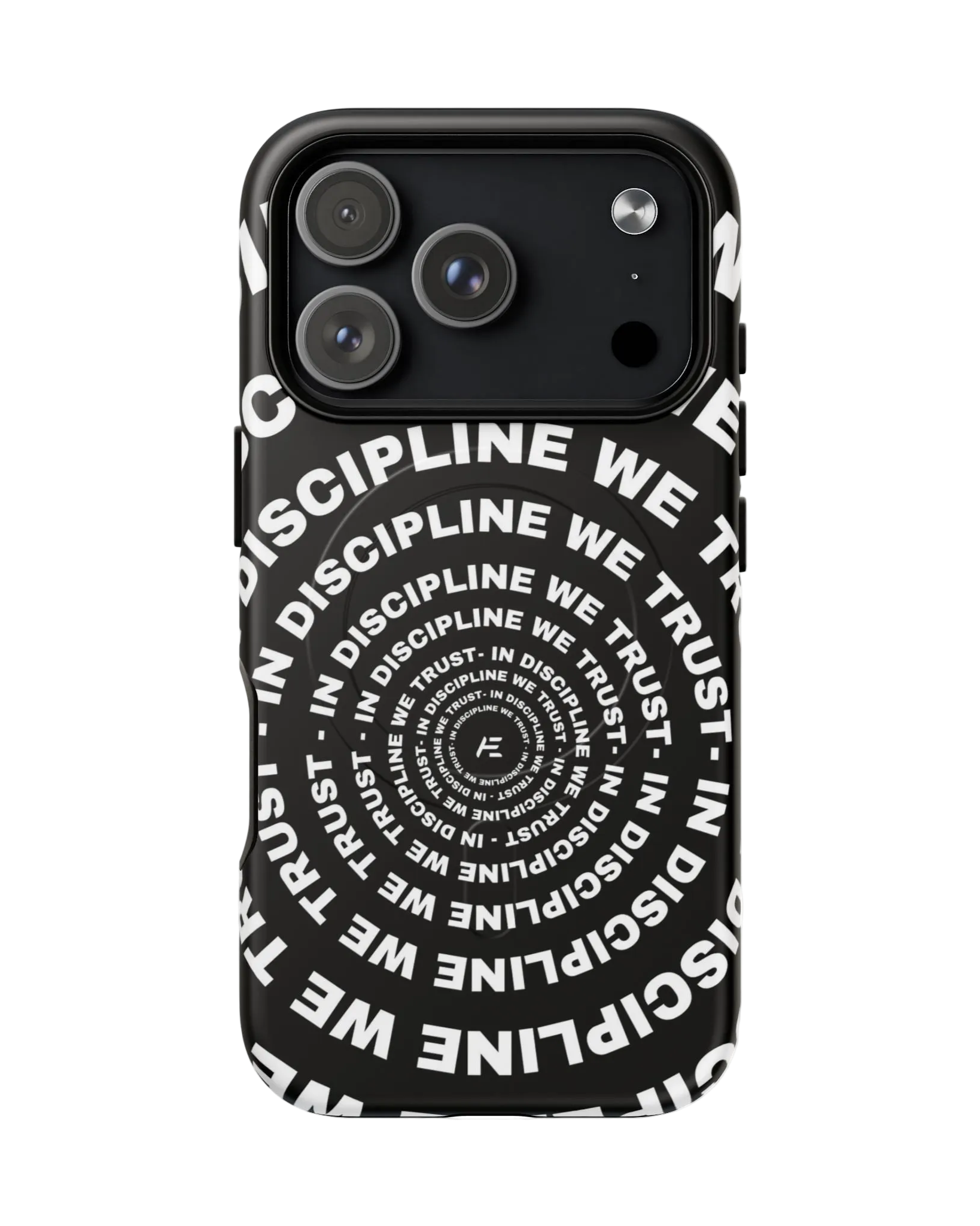 Black iPhone case with spiral text design that repeats the phrase 'In Discipline We Trust' in circular shape in white.