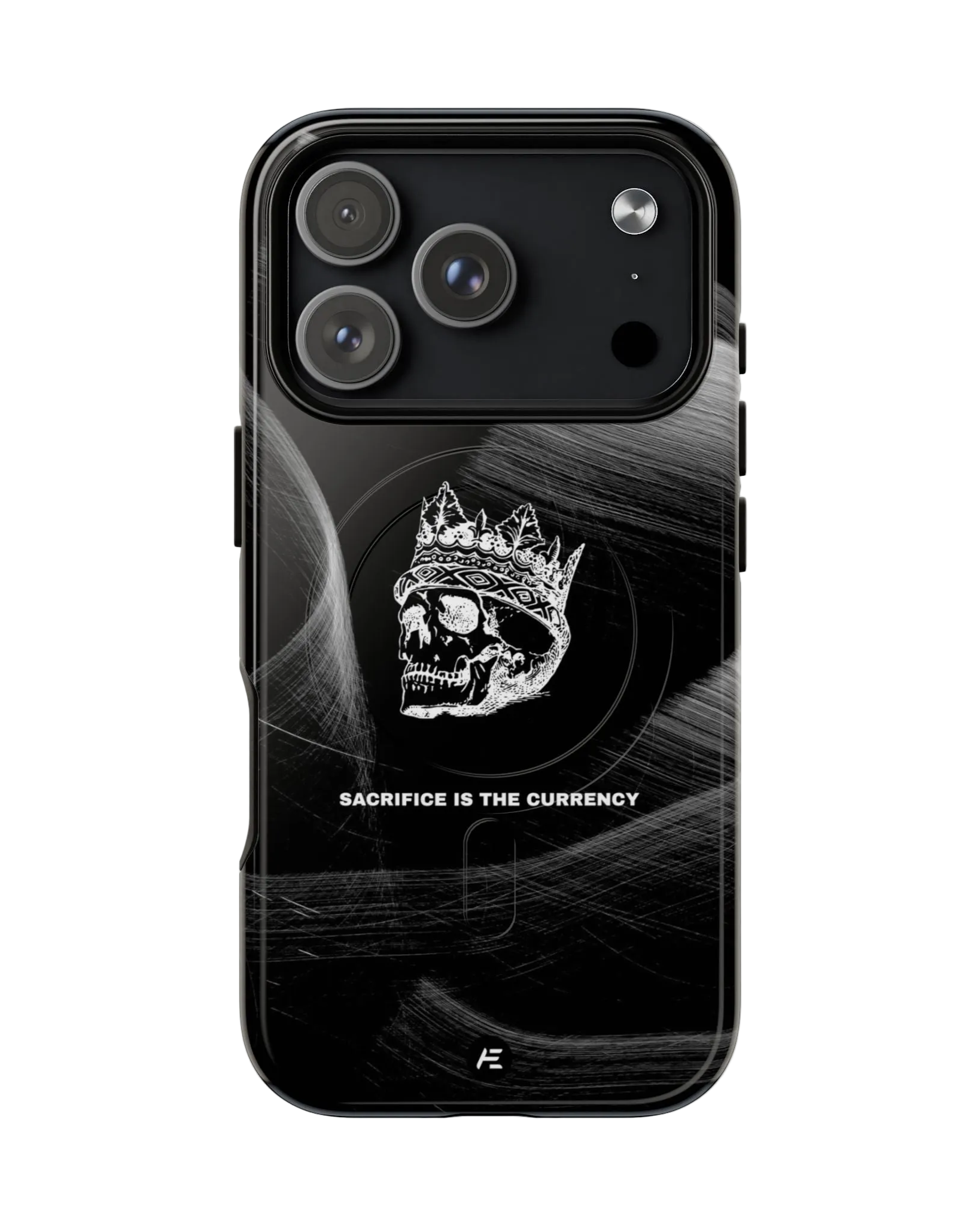 Black smartphone with a graphic of a skull wearing a crown and the text 'Sacrifice is the currency' on the back.