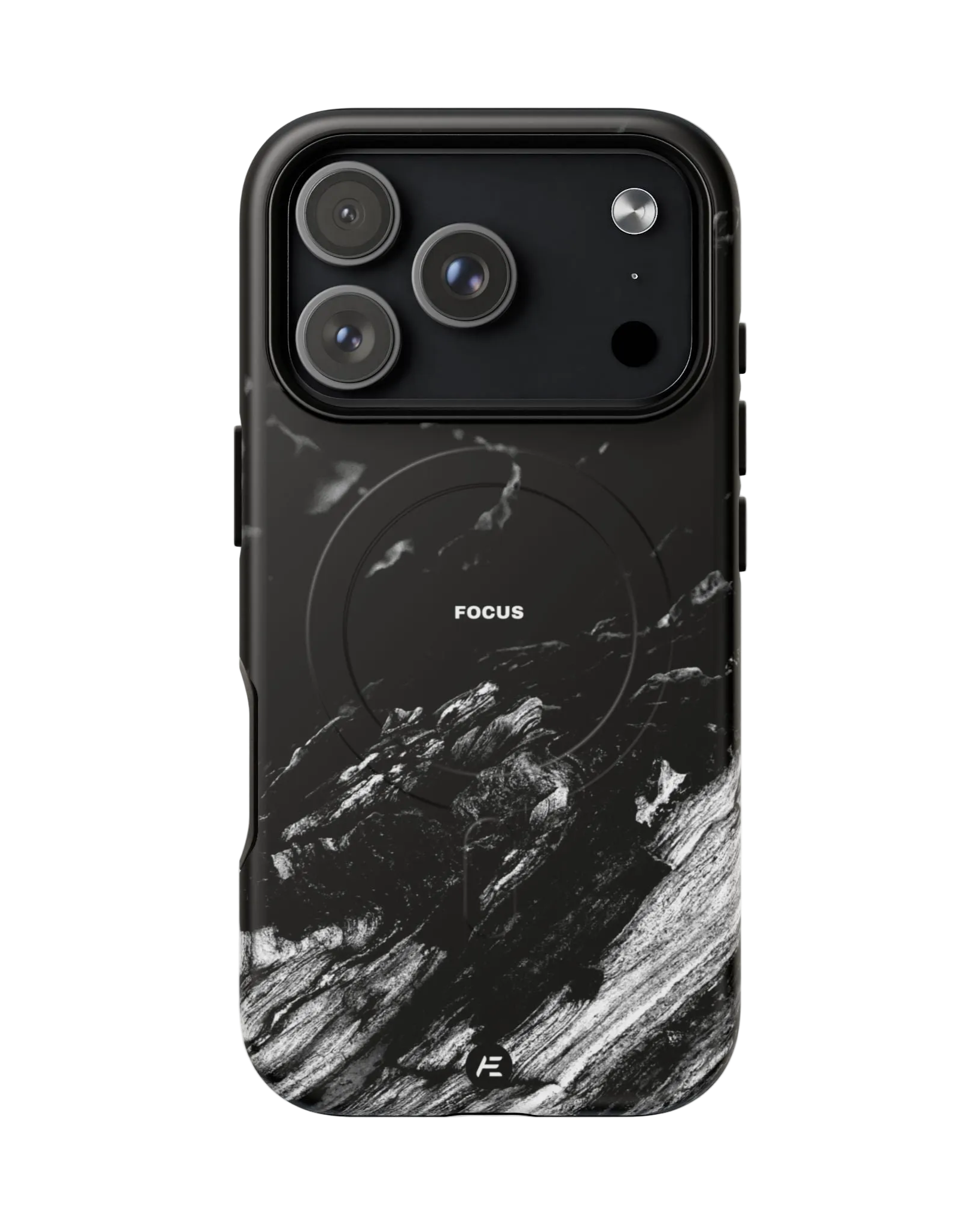 Black smartphone with triple camera setup and marble-patterned back cover with the quote "FOCUS" in white.