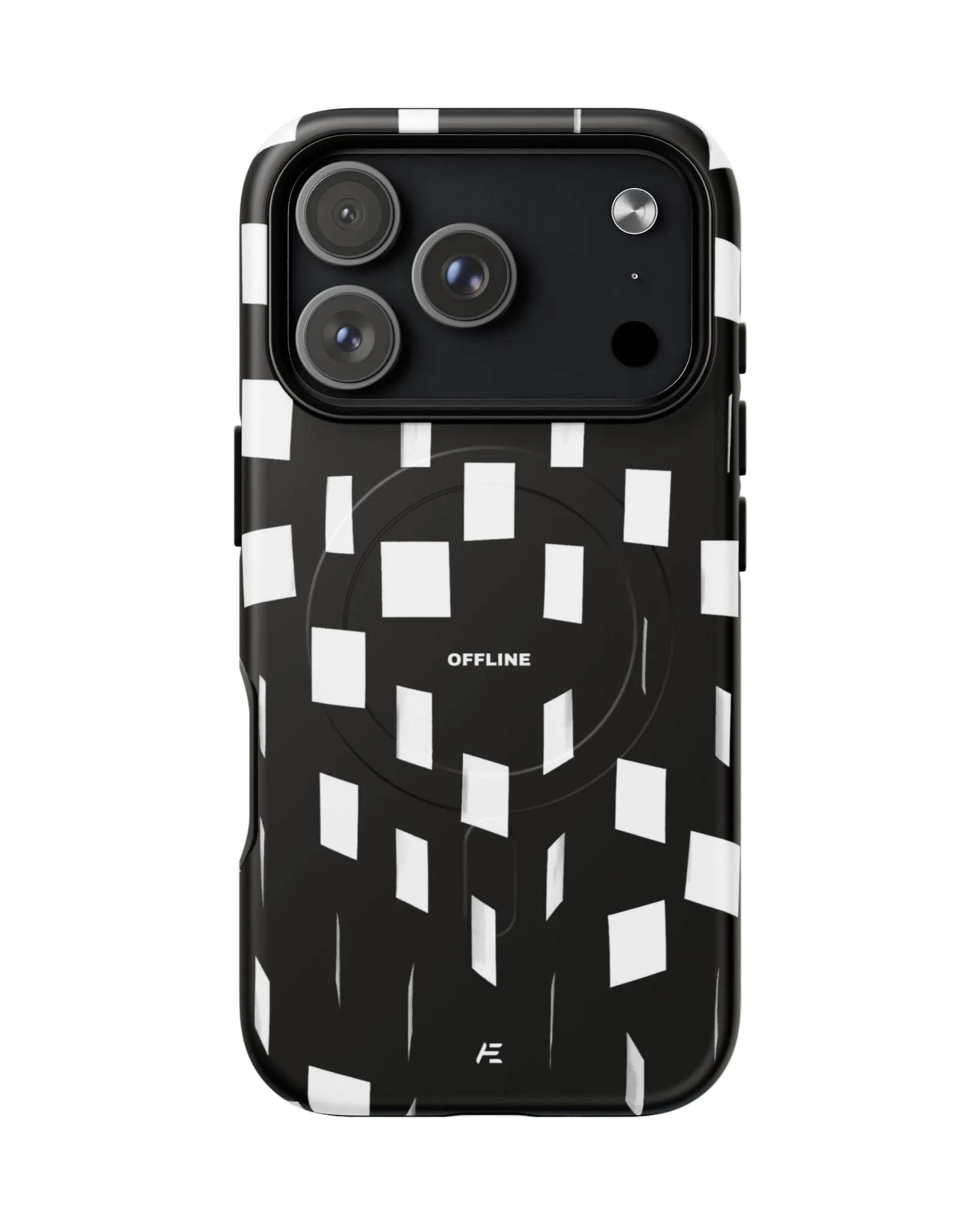 Smartphone with a black and white checkered phone case and a camera module with three lenses, a flash, and a microphone hole.