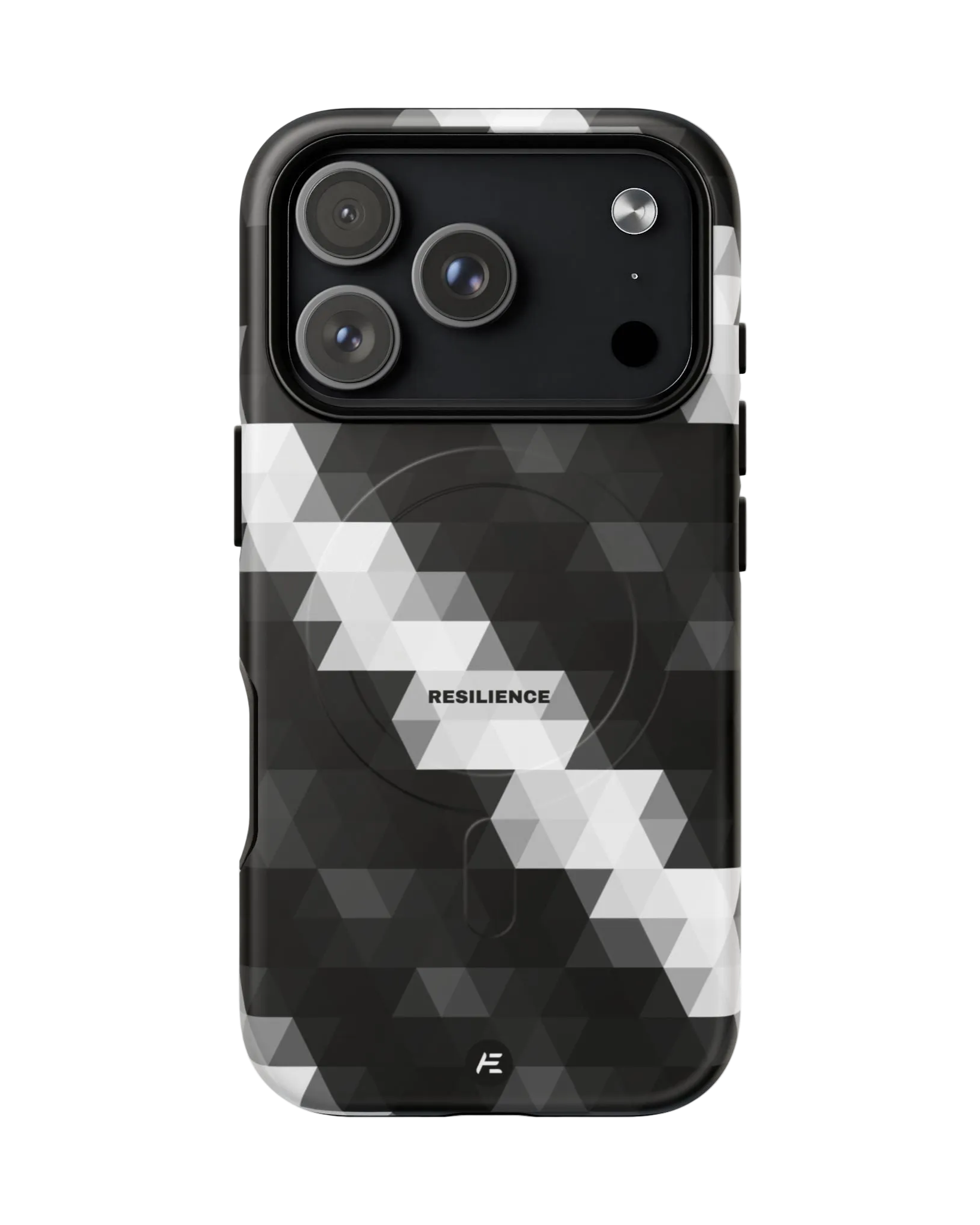 A smartphone with a black and white geometric patterned case, displaying the word "RESILIENCE" on the back, with three camera lenses in the upper left corner.