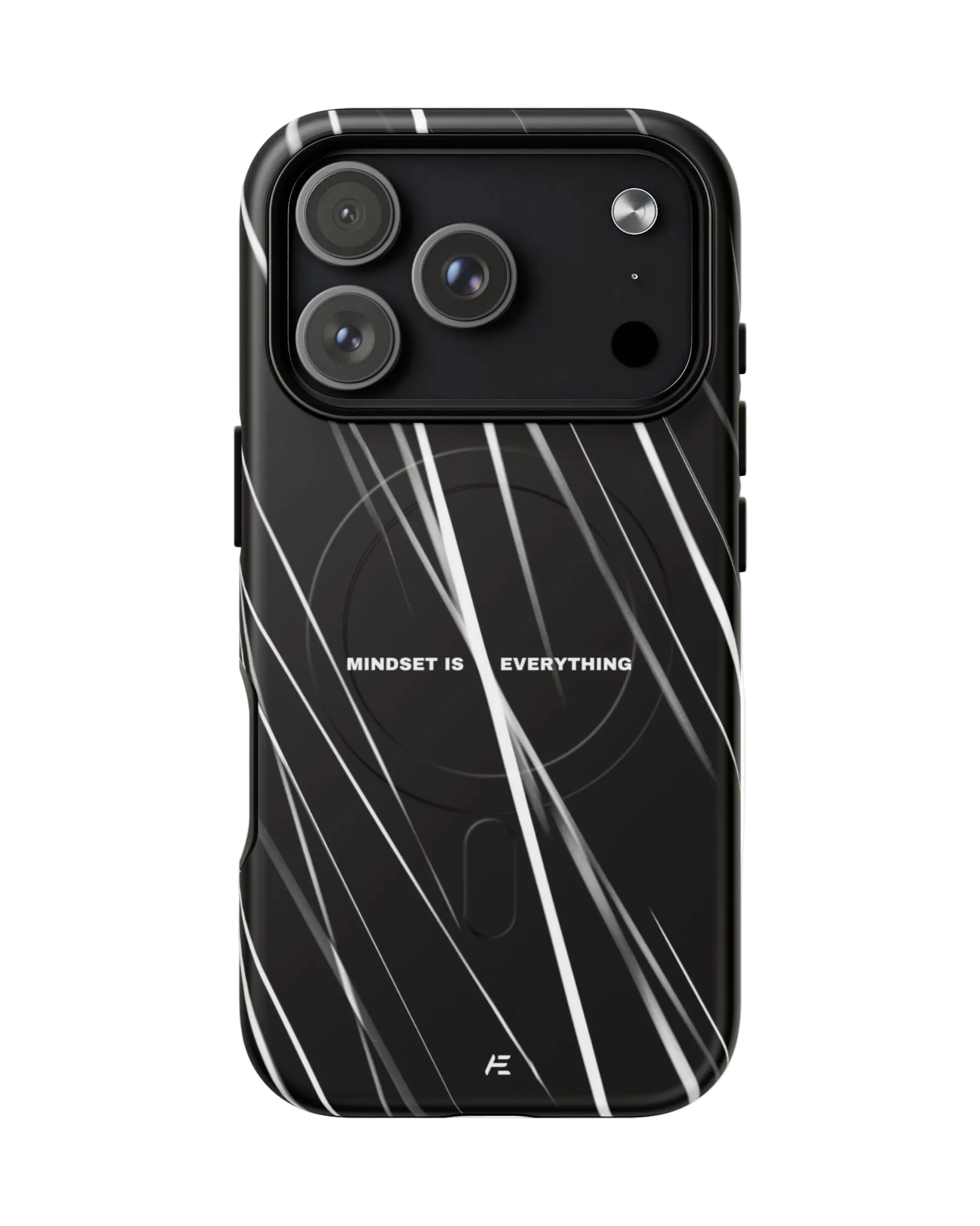 Back of a black smartphone with a cracked screen and three-camera lenses, featuring the phrase "Mindset is everything" on the back.