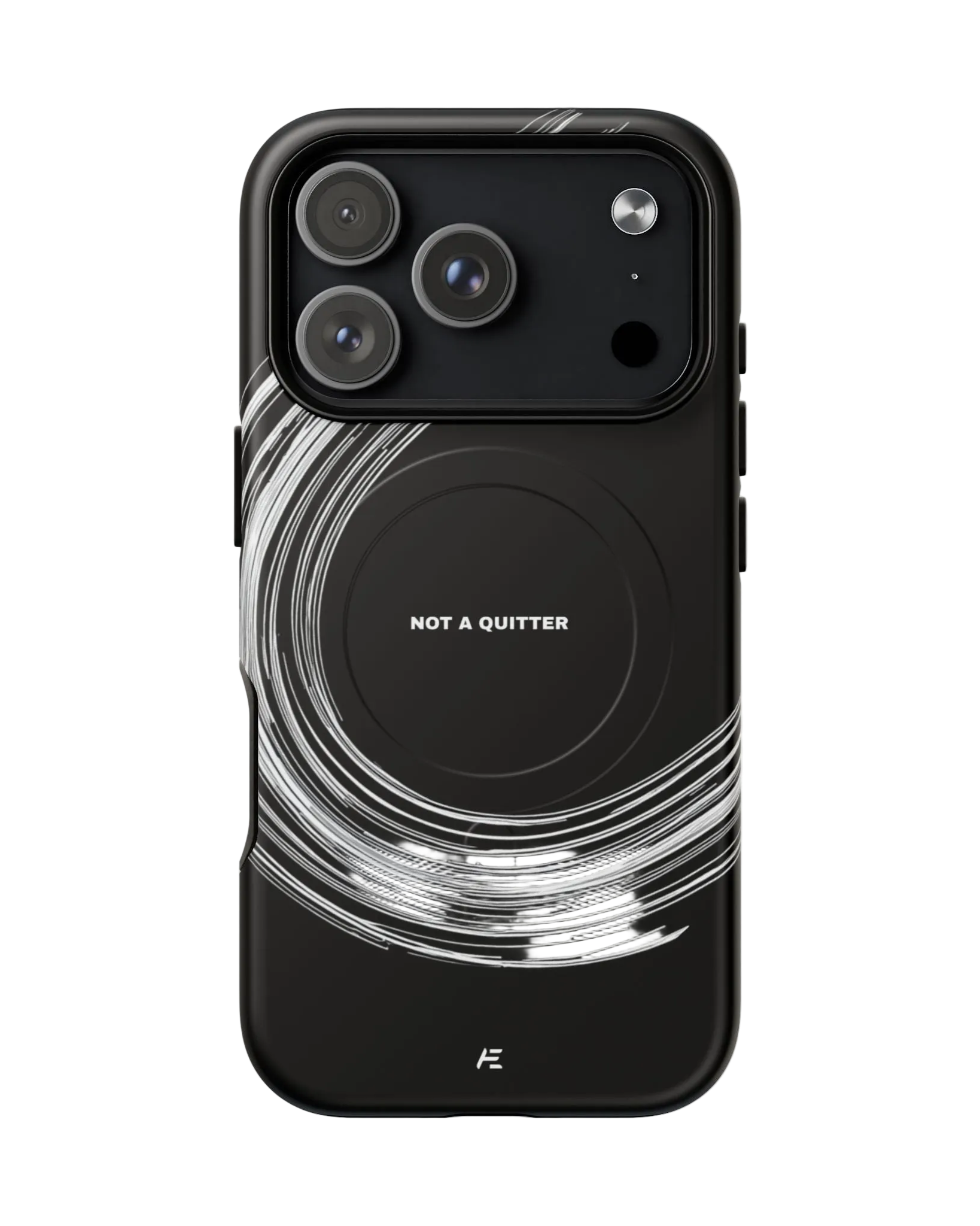 Black smartphone with three camera lenses on the top left corner and text saying 'NOT A QUITTER' on the back, surrounded by white swirl design.