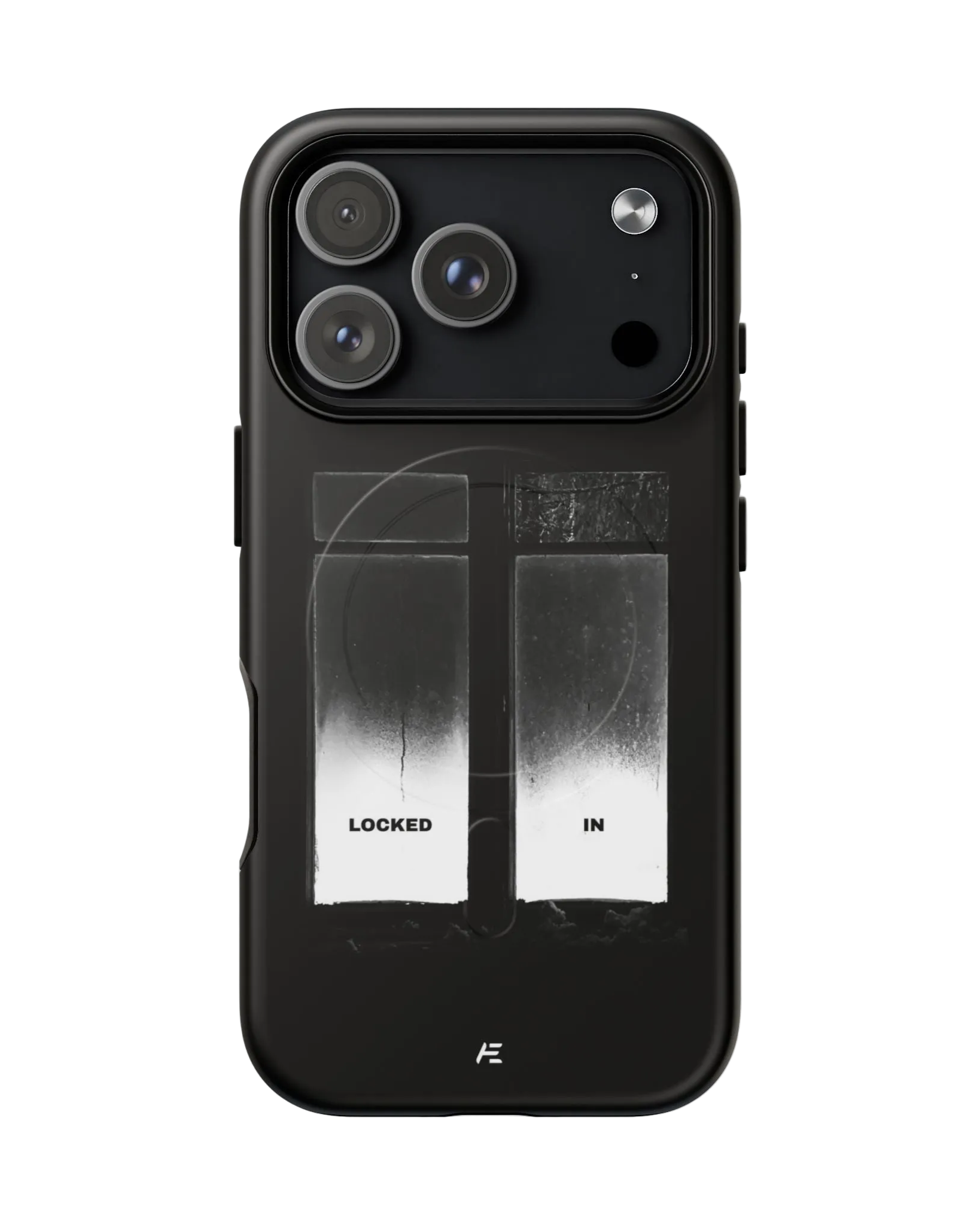 A black smartphone with a triple camera setup and a stick showing the words 'locked' and 'in' on a dark background.