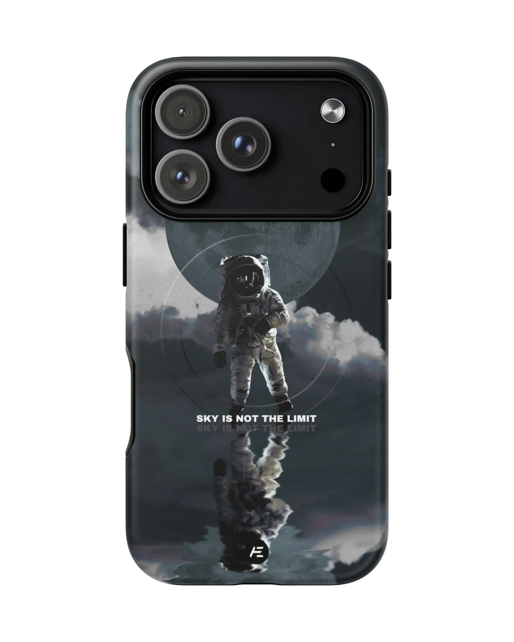 A smartphone case featuring a graphic of an astronaut standing on water with clouds and the moon in the background. The case has the phrase "Sky is not the limit" printed on it.
