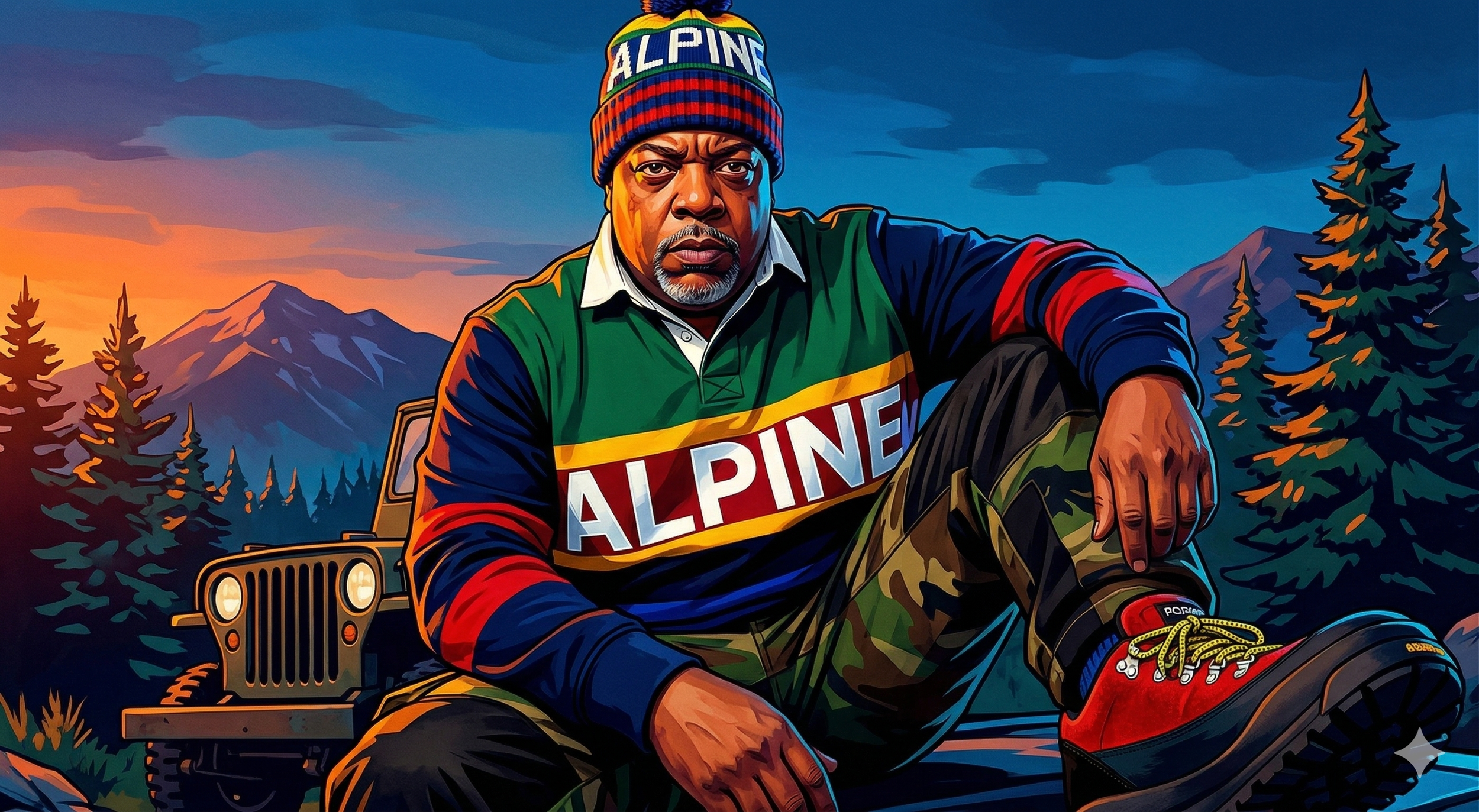 A digital illustration of a man in outdoor gear, sitting on a car, with mountainous landscape and pine trees in the background at sunset. He is wearing a colorful hat and a jacket with the words 'ALPINE' on it, and red hiking shoes.