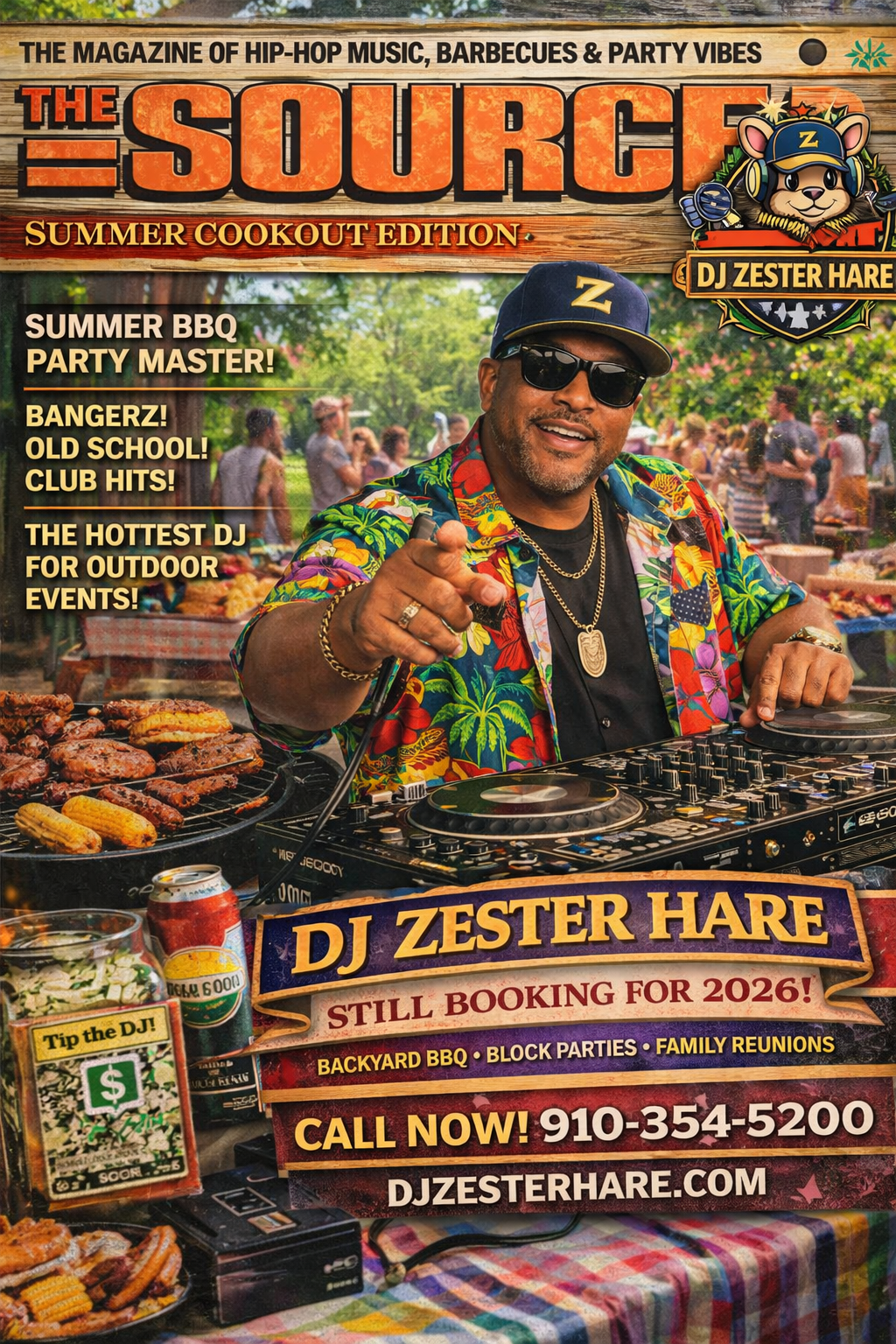 Magazine cover featuring DJ Zester Hare at an outdoor summer barbecue event with food, drinks, and people in the background, promoting outdoor DJ services.