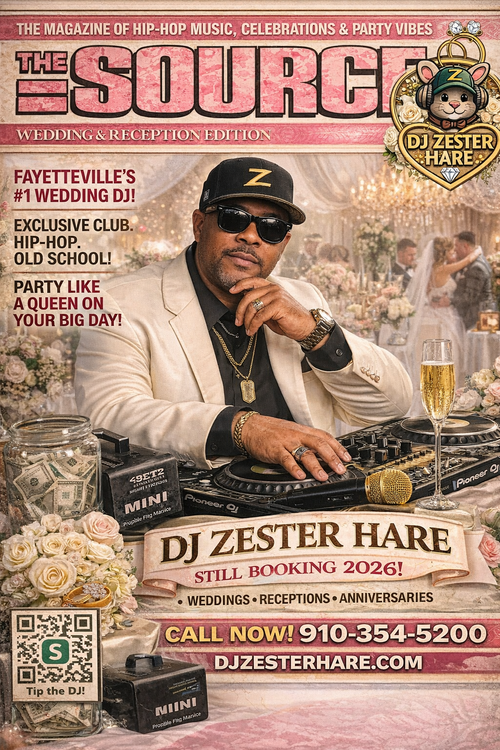 A promotional flyer featuring DJ Zester Hare, promoting his DJ services for weddings, receptions, and anniversaries. The flyer shows DJ Zester Hare in sunglasses, a beige blazer, black shirt, and jewelry, with wedding guests dancing in the background. The flyer contains text about booking and contact details.