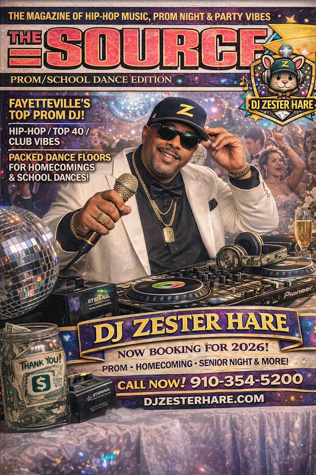 Promotional flyer featuring DJ Zester Hare at a dance event, with a background of a crowded dancefloor, disco ball, and colorful lights. Includes contact info, booking details for 2026, and promotional text for prom, homecoming, senior night, and more.