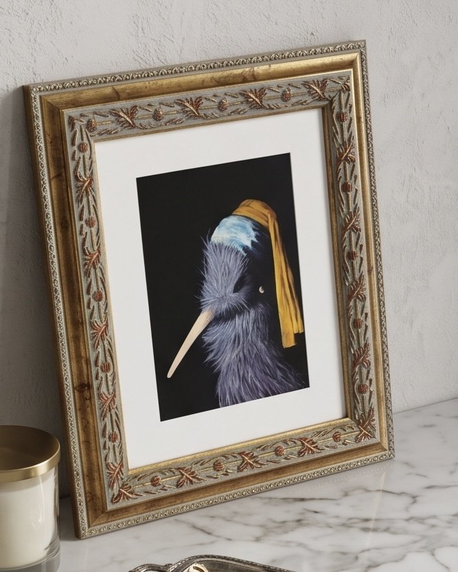 Kiwi with Pearl earring framed artprint