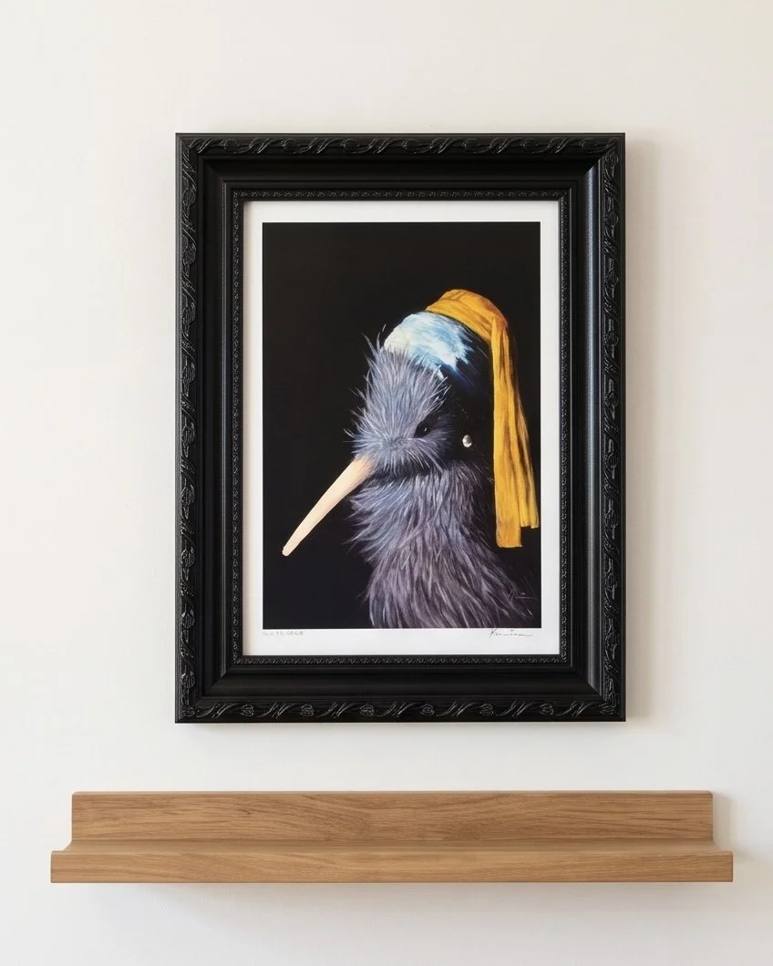 Framed Kiwi Art Print - Kiwi with Pearl Earring - Ornate Black Frame