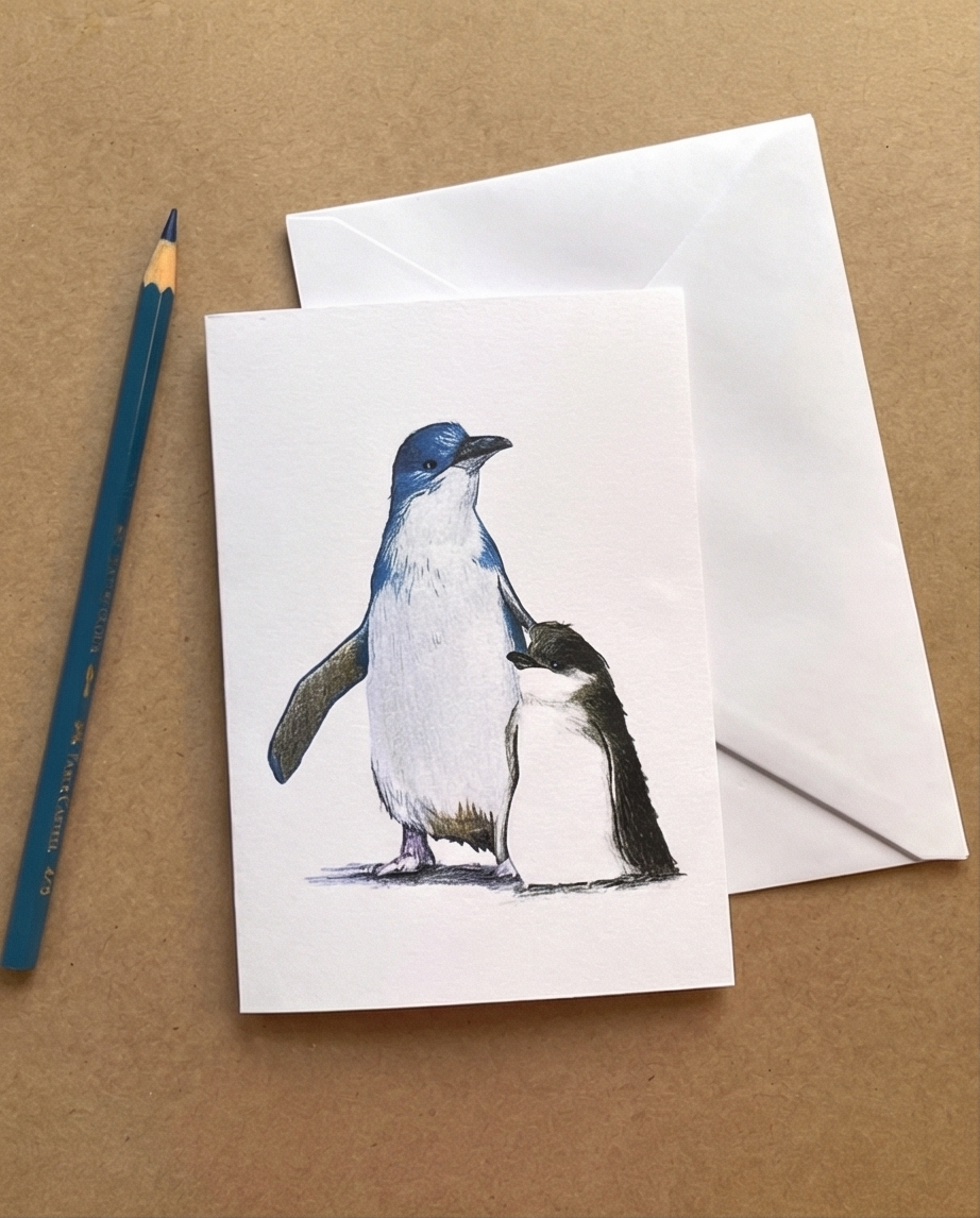 Blue penguin fairy penguin and chick New Zealand souvenir greeting card
