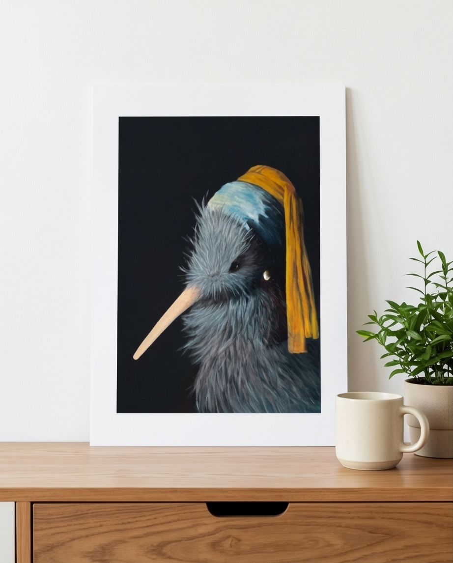 Kiwi with Pearl earring art print NZ souvenir girl with pearl earring