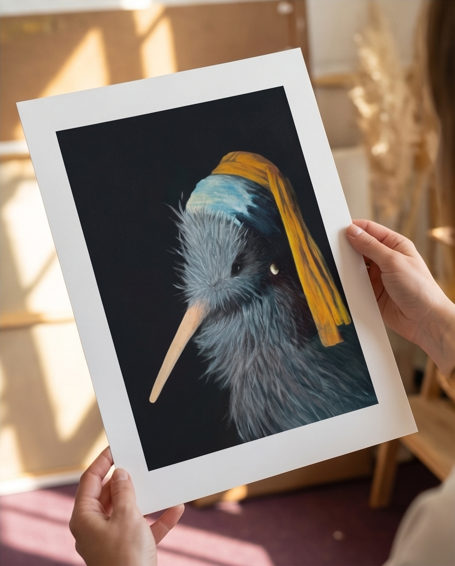 Kiwi with Pearl earring art print NZ souvenir girl with pearl earring