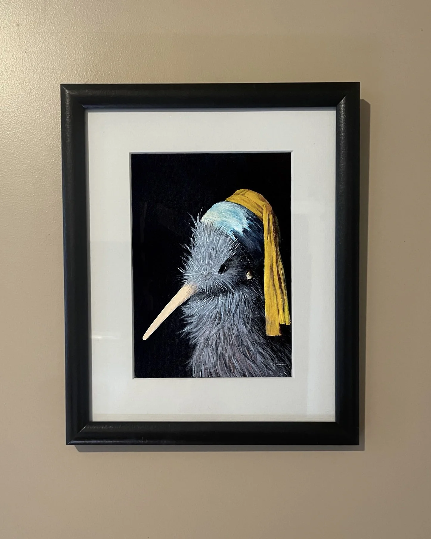 Kiwi with Pearl earring framed art print NZ souvenir