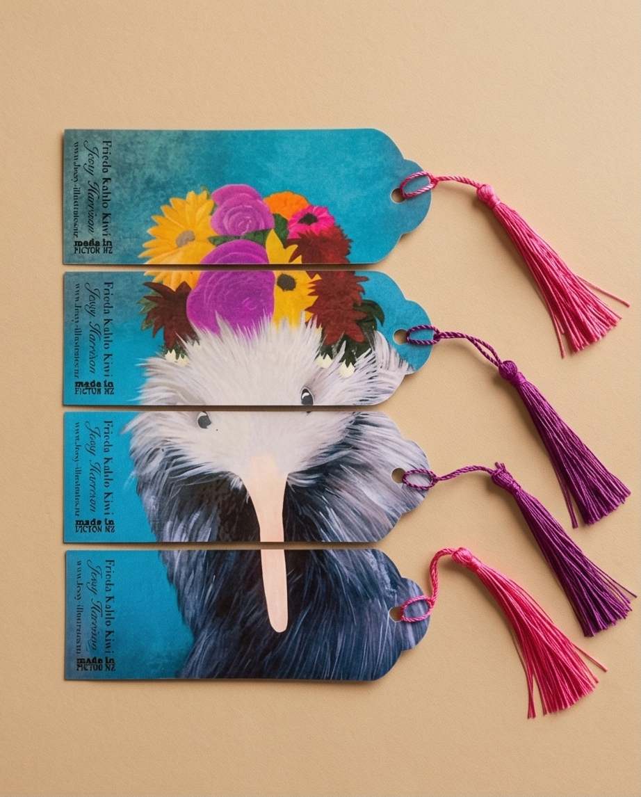 Handmade laminated Frieda Kahlo Kiwi bookmark with tassel designed in Picton New Zealand – native bird NZ souvenir gift for book lovers