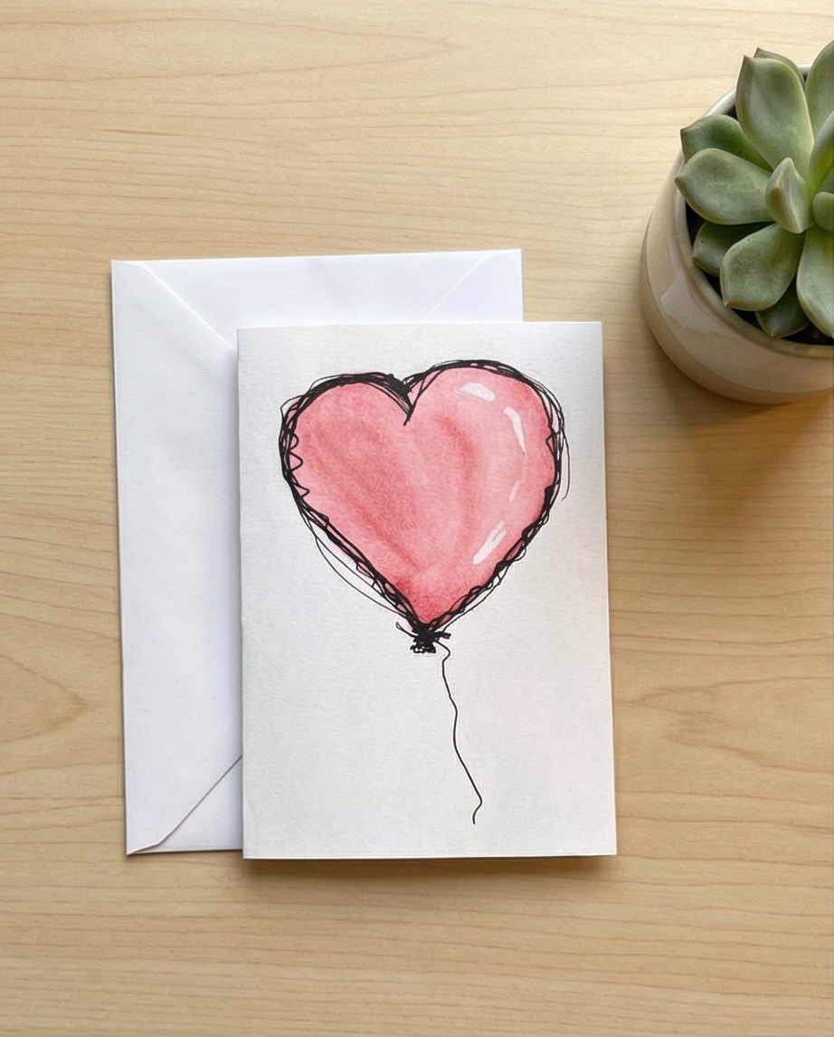 Water colour heart balloon NZ souvenir greeting card