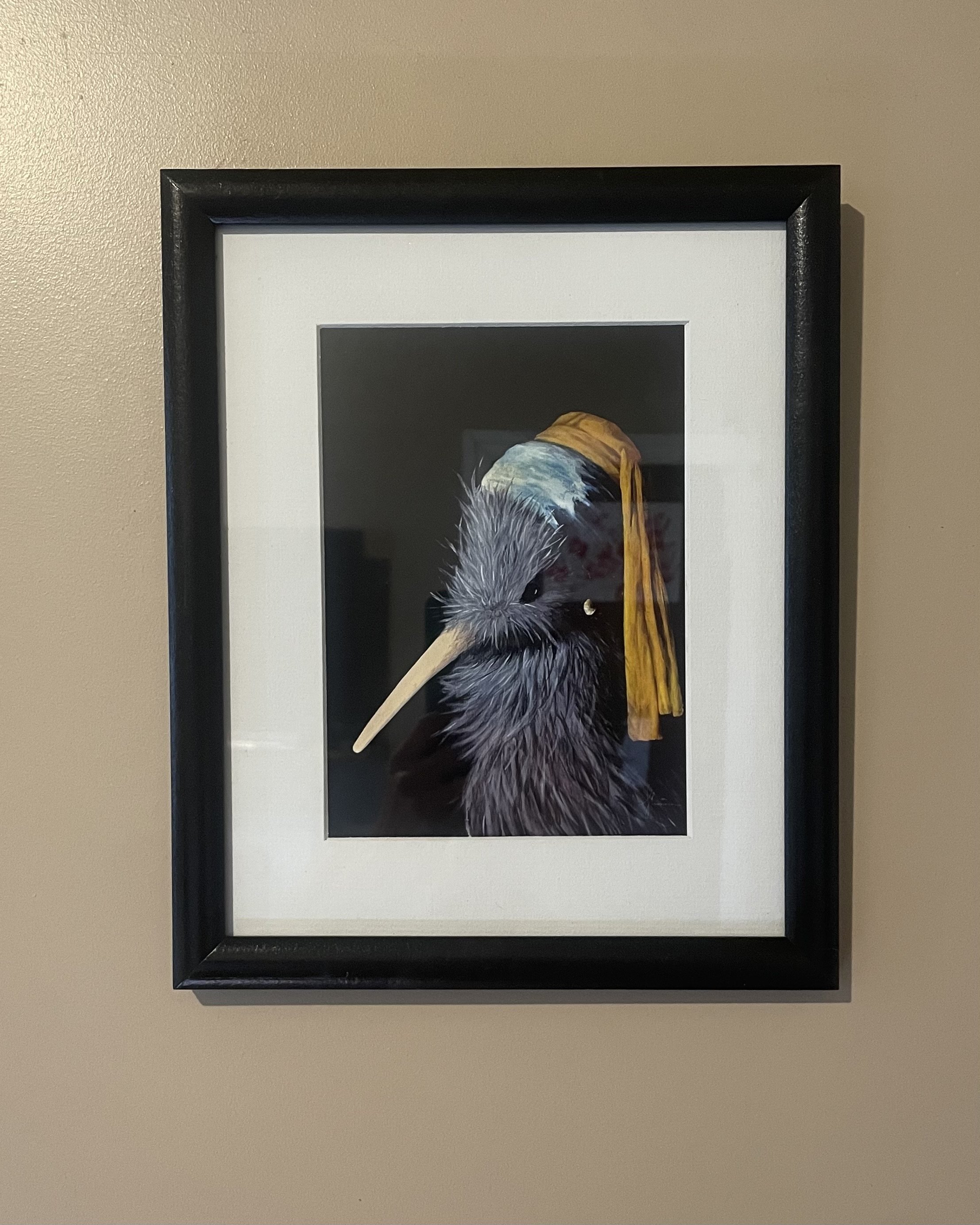 Kiwi with Pearl earring framed art print NZ souvenir