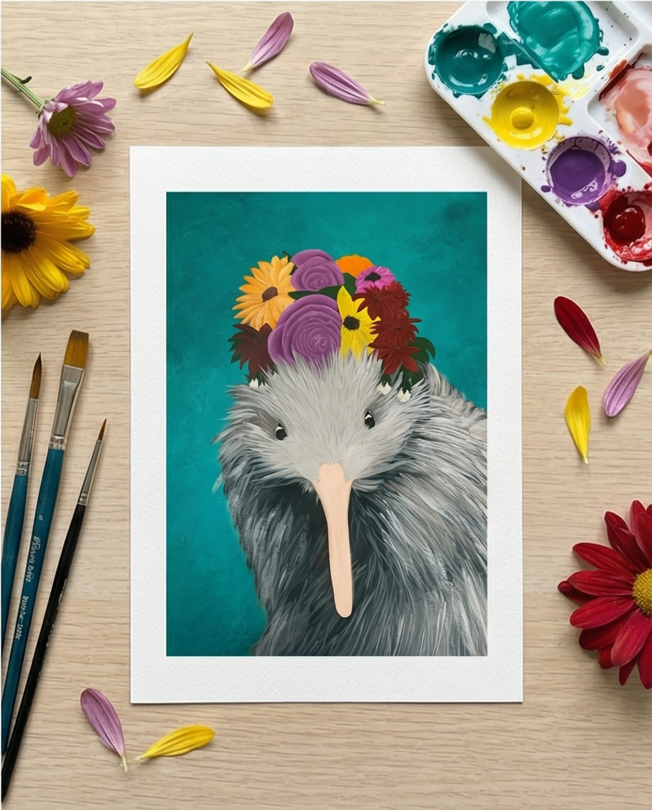 Kiwi with Flowers framed art print NZ souvenir