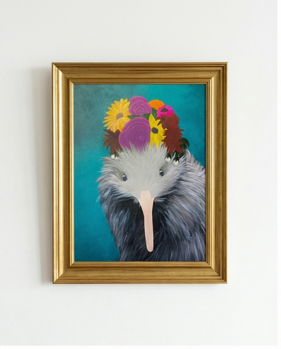 Kiwi with Flowers framed art print NZ souvenir