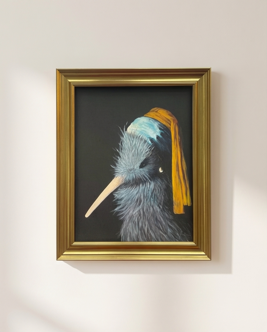 Kiwi with Pearl earring framed art print NZ souvenir girl with pearl earring