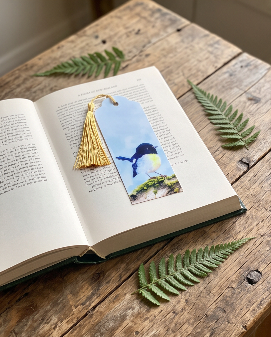 Handmade laminated New Zealand native bird bookmark with tassel designed in Picton Marlborough Sounds