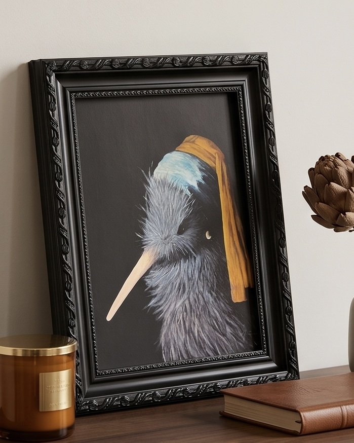 Kiwi with Pearl earring framed Artprint