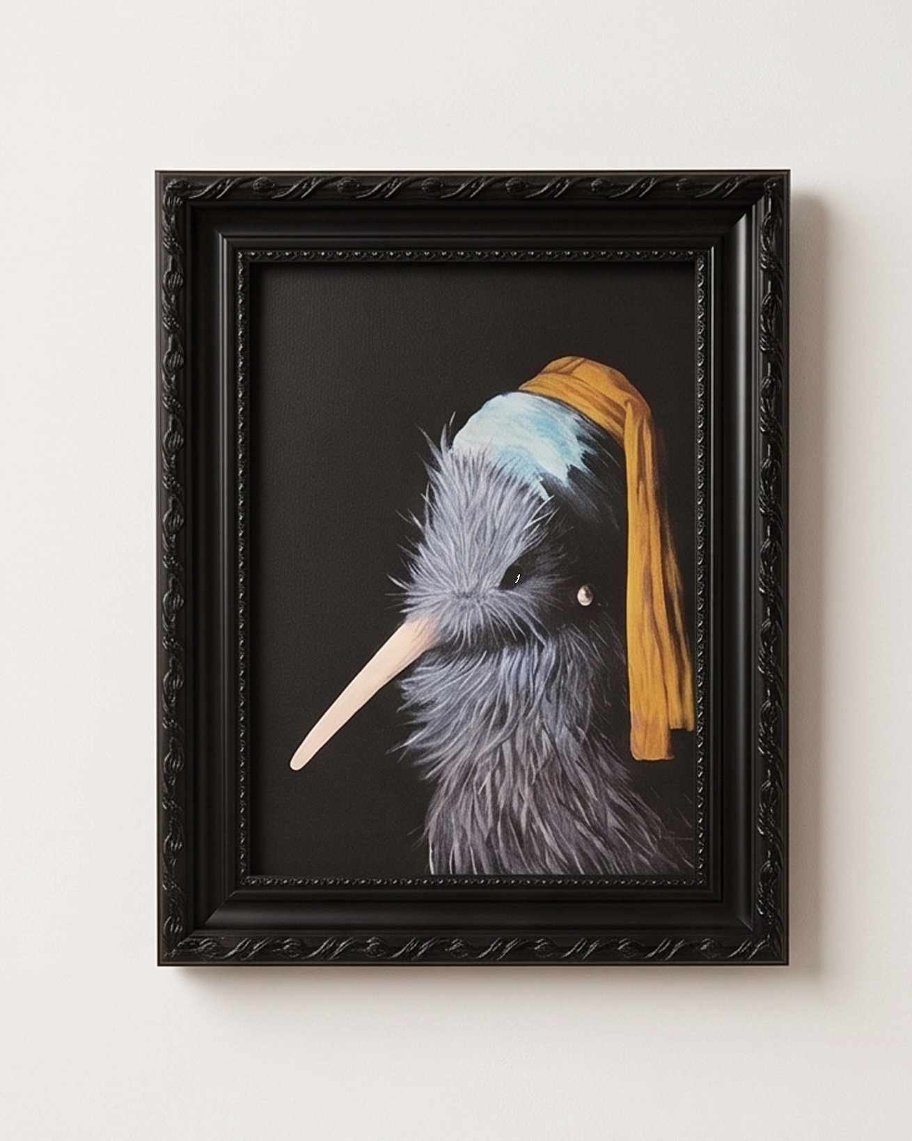 Framed Kiwi Art Print - Kiwi with Pearl Earring - Ornate Black Frame