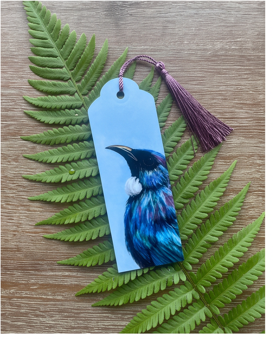 Handmade laminated New Zealand native bird bookmark with tassel designed in Picton Marlborough Sounds
