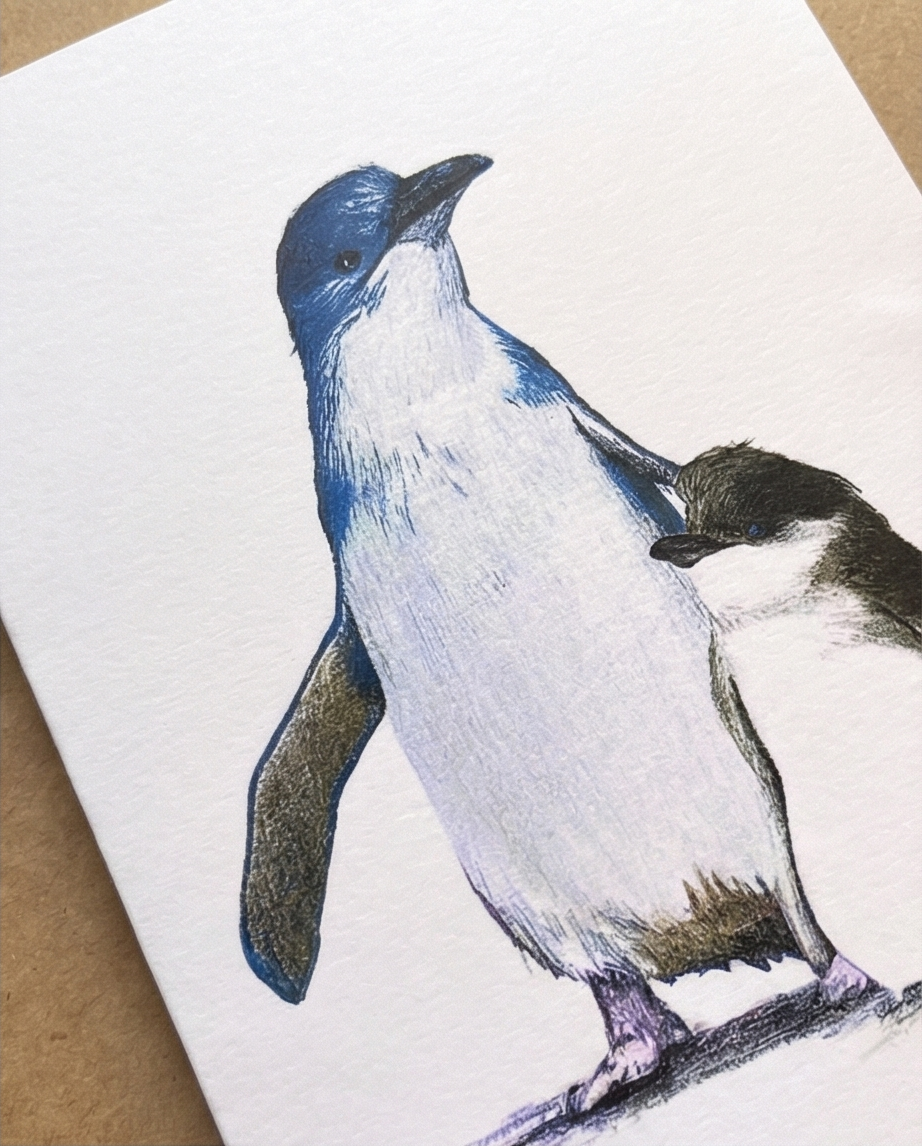 Blue penguin fairy penguin and chick New Zealand souvenir greeting card