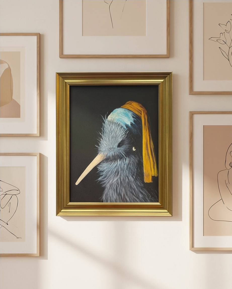 Framed Kiwi Art Print - “Kiwi with Pearl Earring”