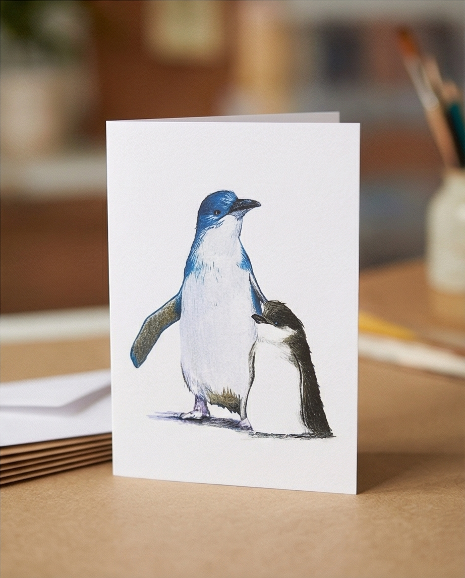 Blue penguin fairy penguin and chick New Zealand souvenir greeting card