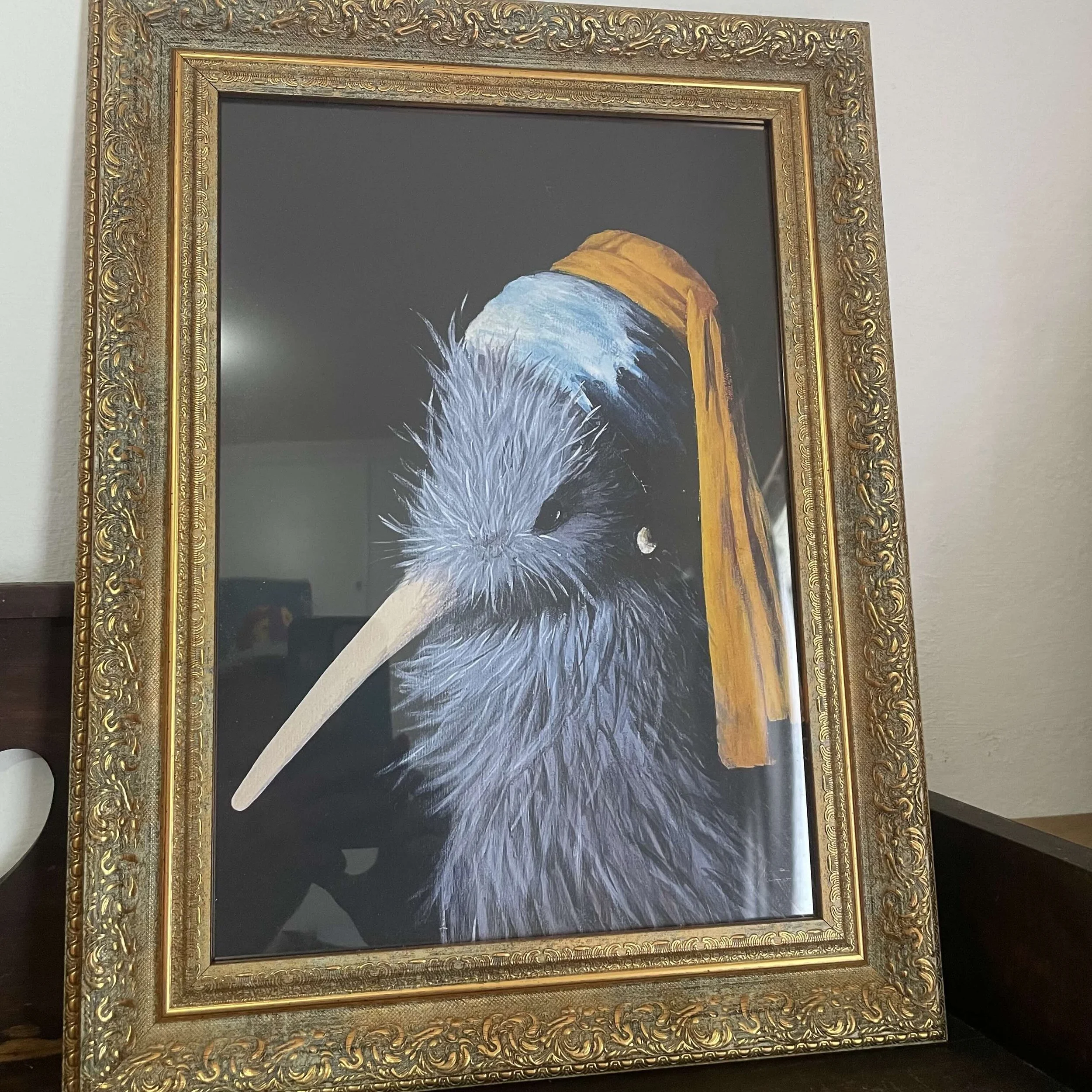 Kiwi with Pearl earring framed art print NZ souvenir