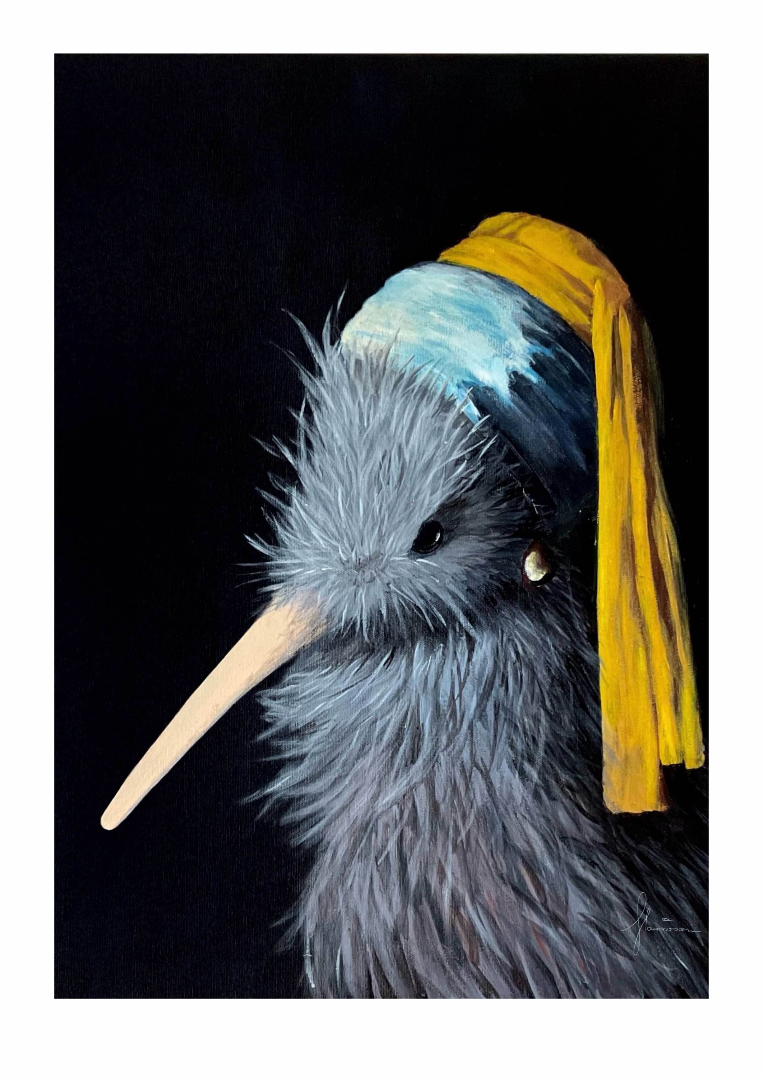 Kiwi with Pearl earring art print, NZ souvenir, girl with pearl earring