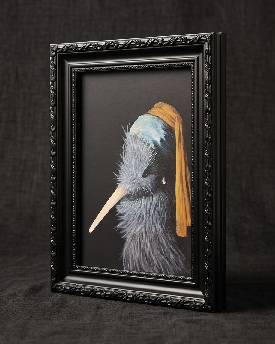 Kiwi with Pearl earring framed Artprint