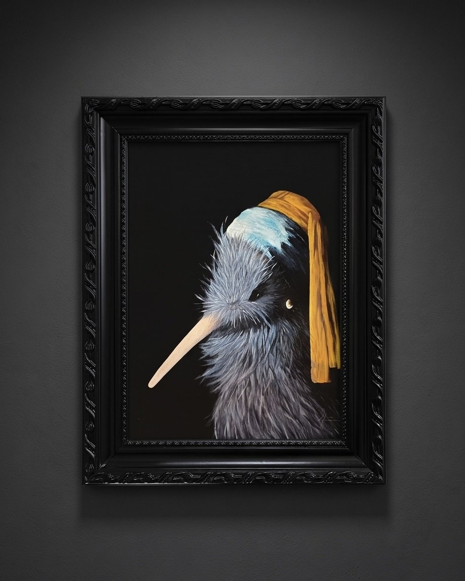 Kiwi with Pearl earring framed Artprint