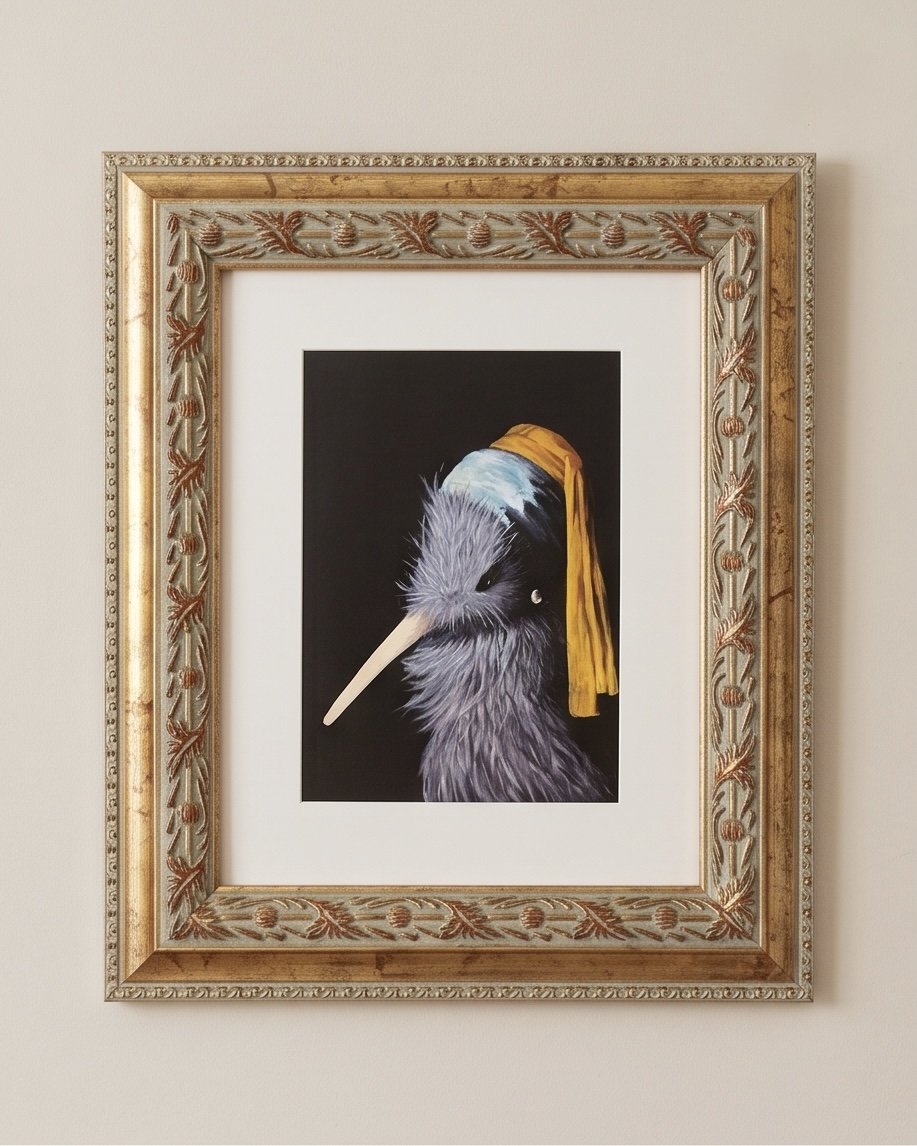 Framed Kiwi Art Print - Kiwi with Pearl Earring - Ornate Goldframe