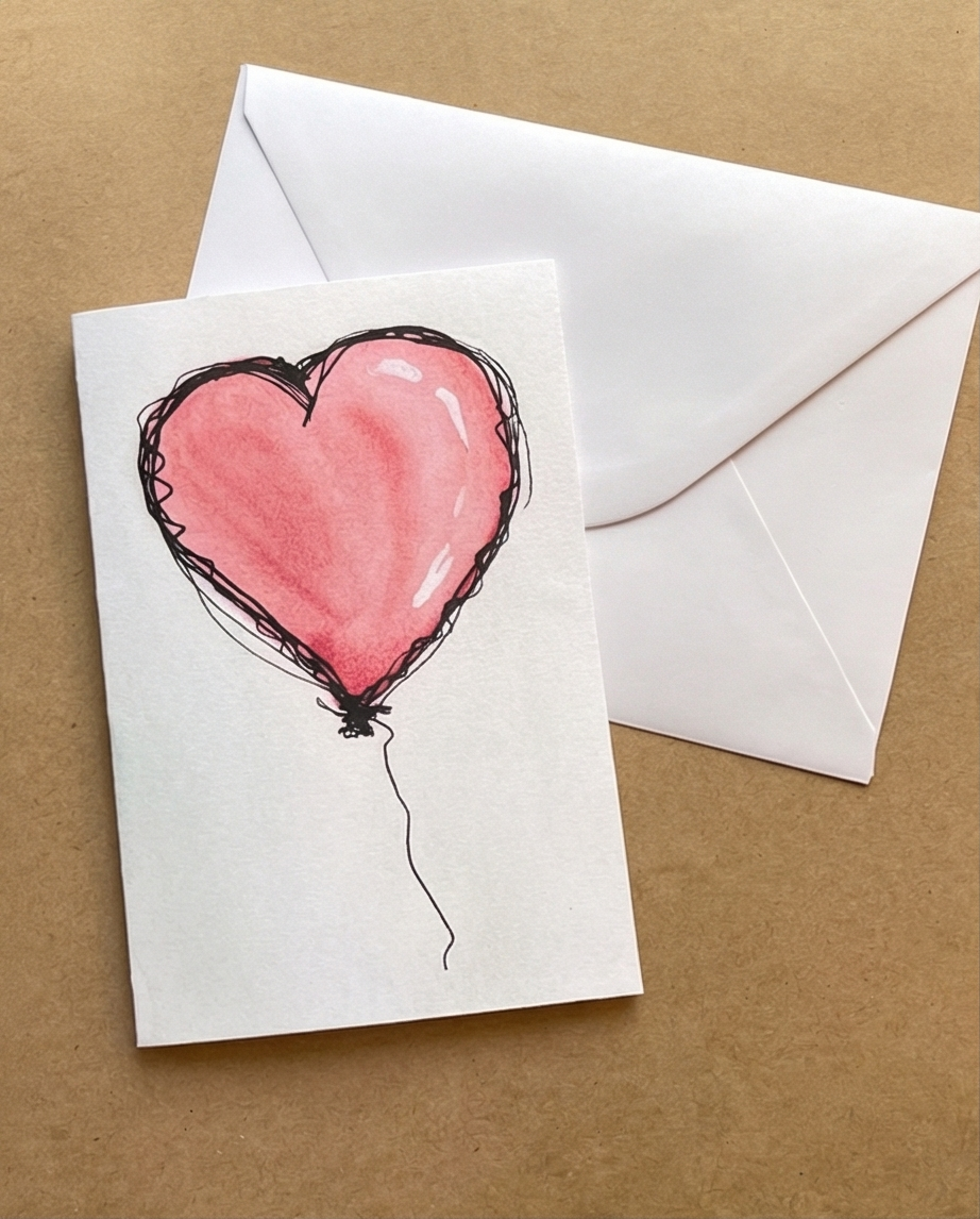 Water colour heart balloon NZ souvenir greeting card