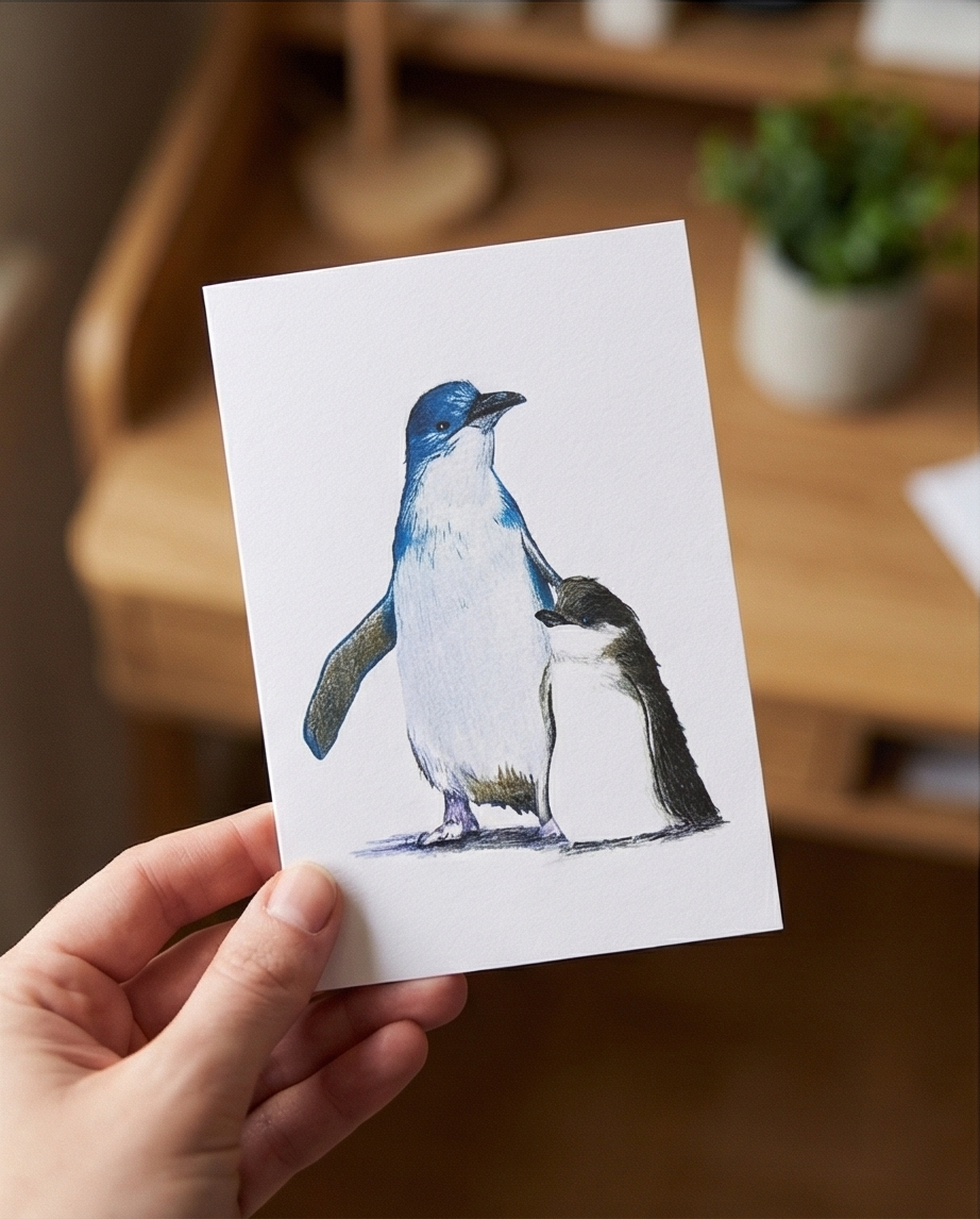Blue penguin fairy penguin and chick New Zealand souvenir greeting card