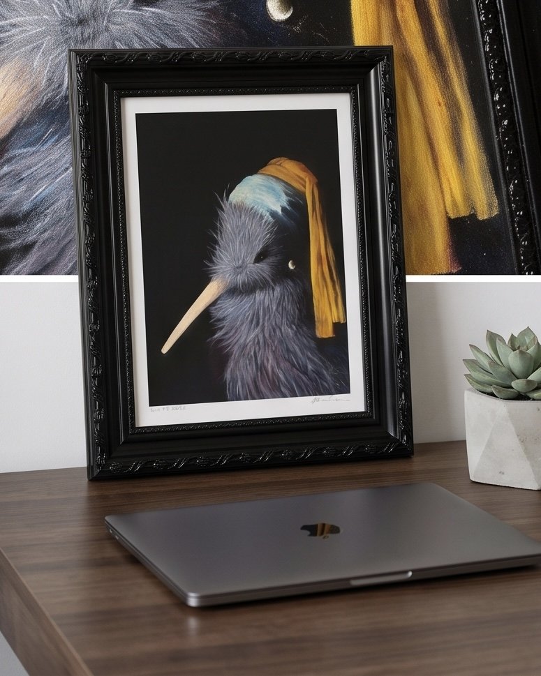 Kiwi with Pearl earring framed Artprint