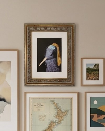 Kiwi with Pearl earring framed Artprint