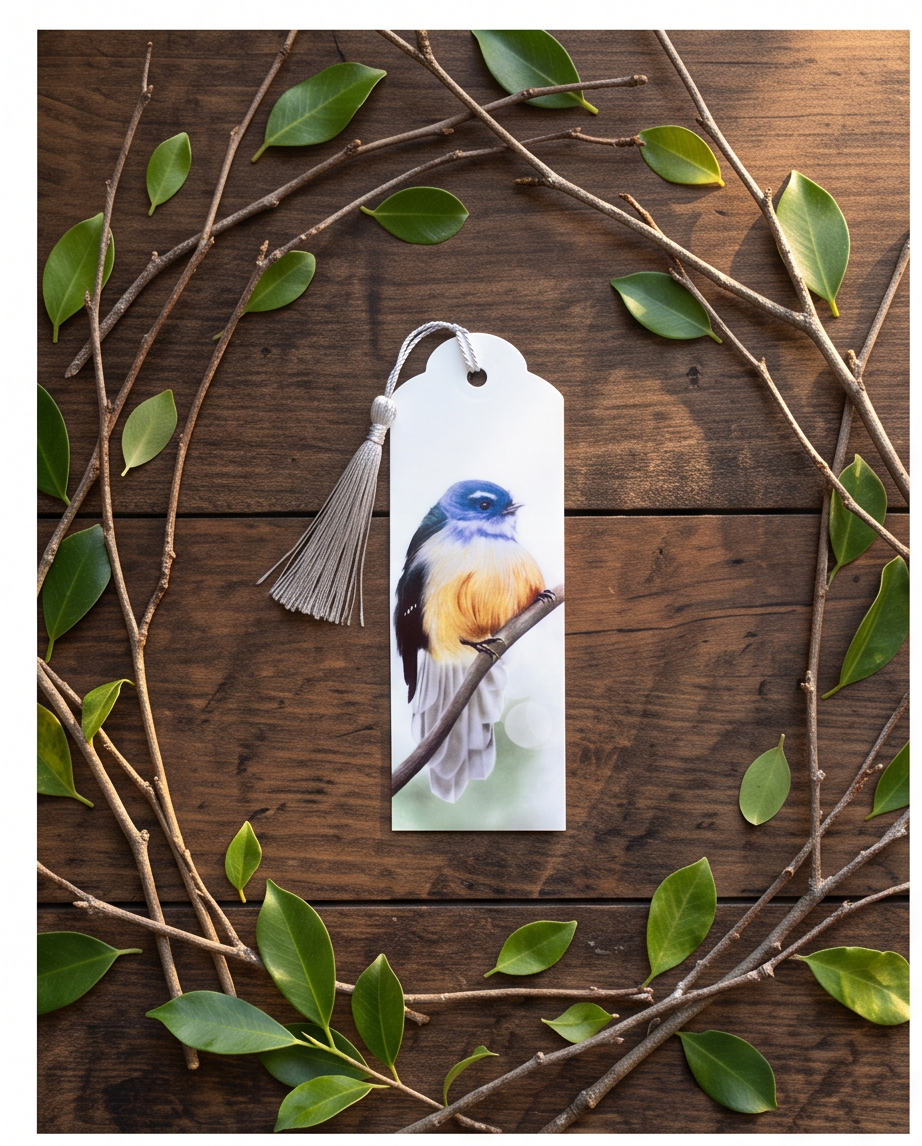 Handmade laminated New Zealand native bird bookmark with tassel designed in Picton Marlborough Sounds