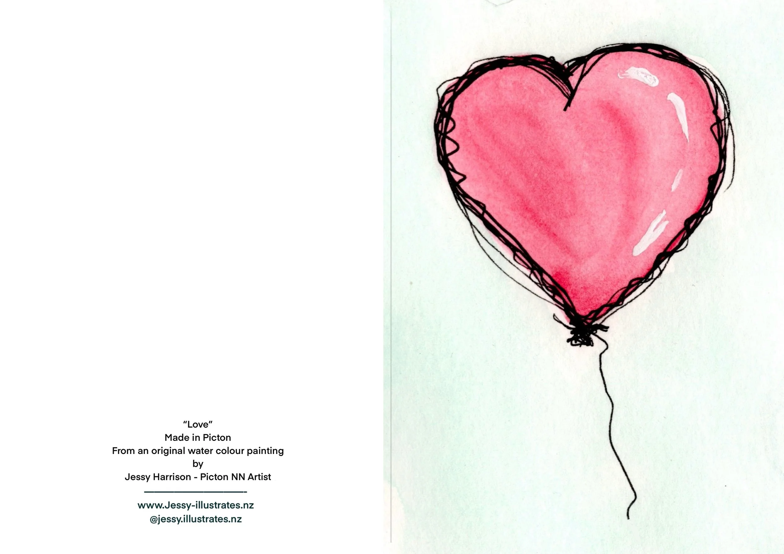 Water colour heart balloon NZ souvenir greeting card