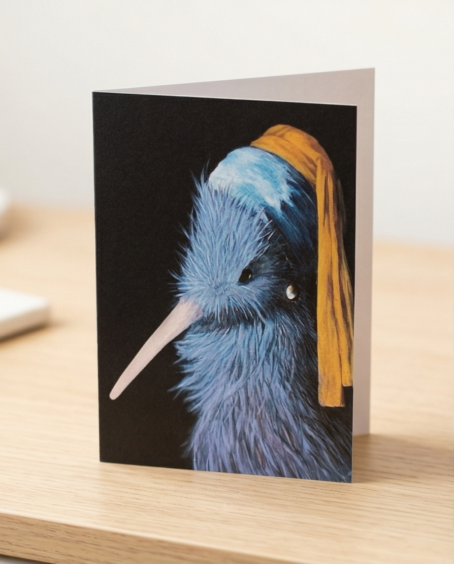 Kiwi with Pearl earring nz made greeting card