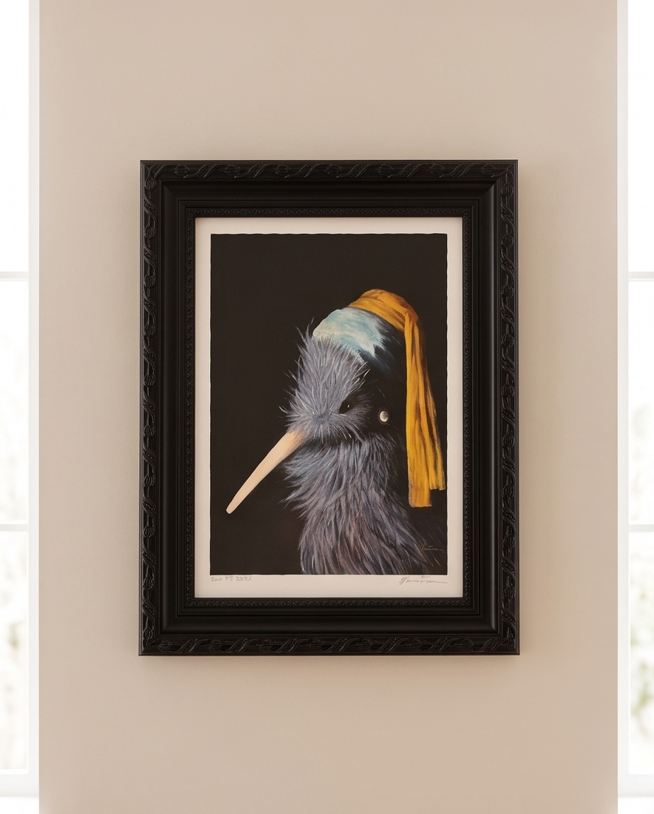 Kiwi with Pearl earring framed Artprint
