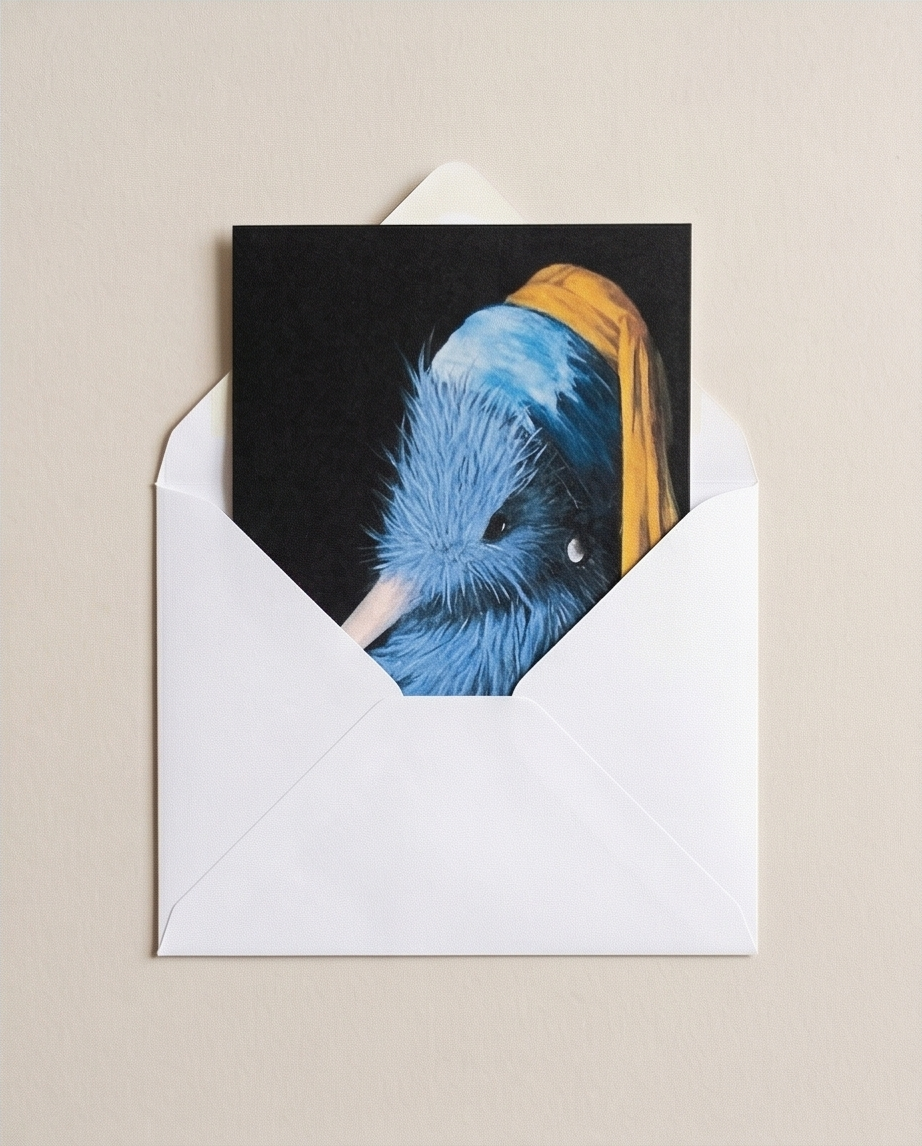 Kiwi with Pearl earring nz made greeting card