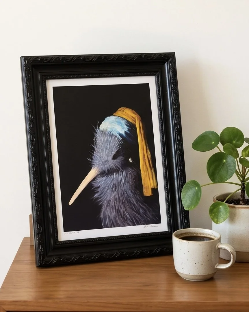 Kiwi with Pearl earring framed Artprint