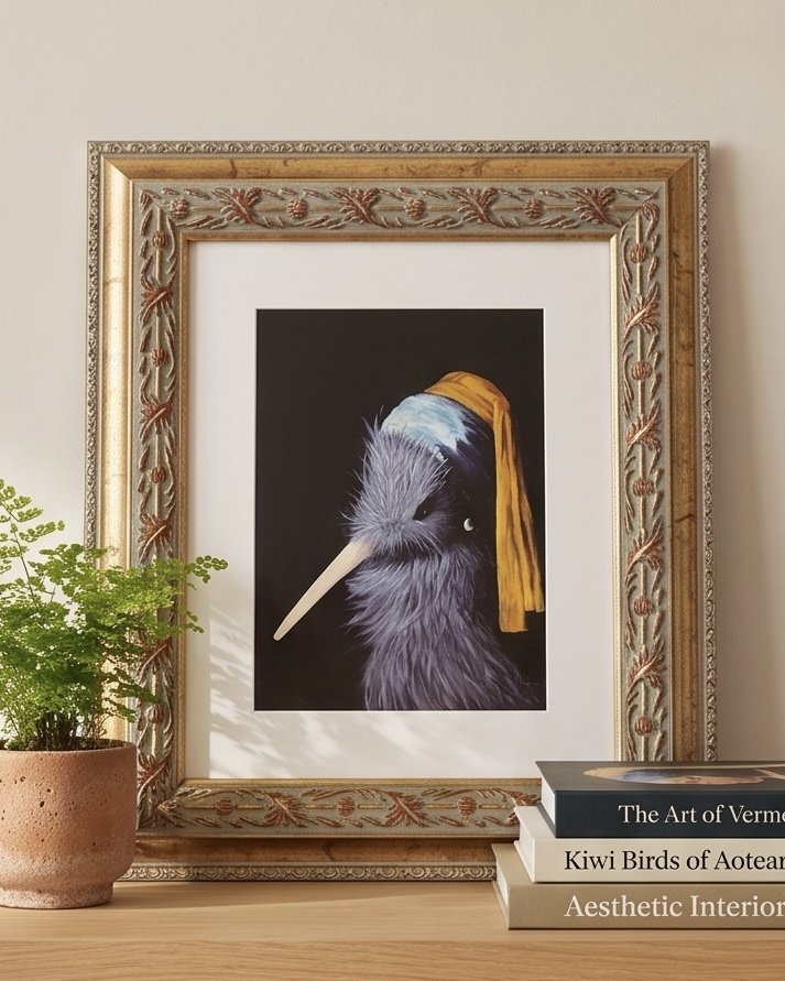Kiwi with Pearl earring framed Artprint