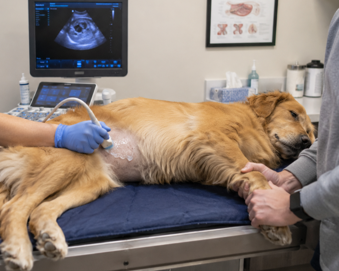 Veterinary technician performing abdominal ultrasound on a golden retriever at a veterinary clinic in Indiana. Mobile Veterinary Ultrasound | Prairie View VetScans | Indiana.